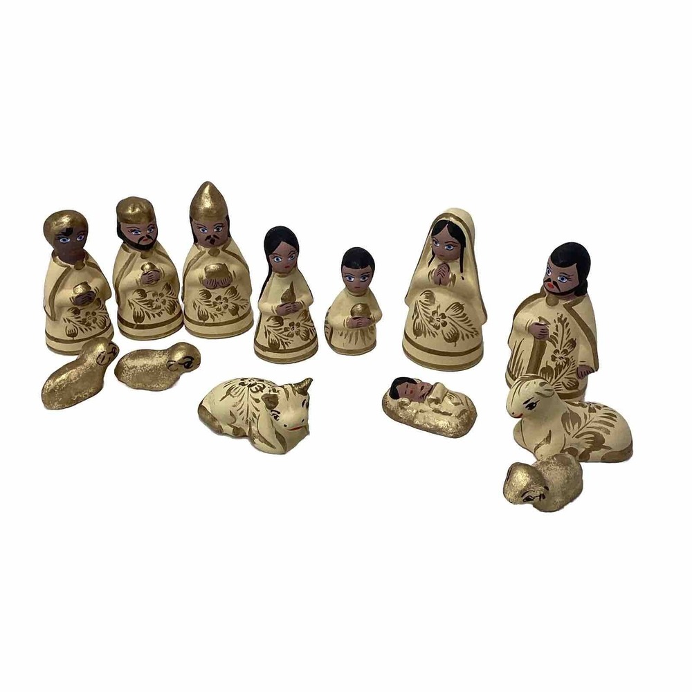 Mexican Clay Nativity Miniature Mexico FOLK ART Hand Painted set 13 pieces 3"